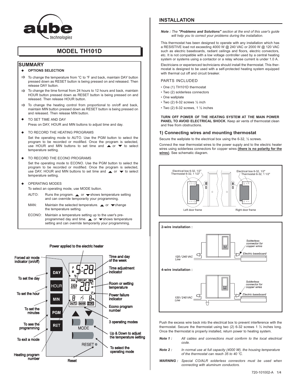 Aube Technologies TH101D User Manual | 4 pages