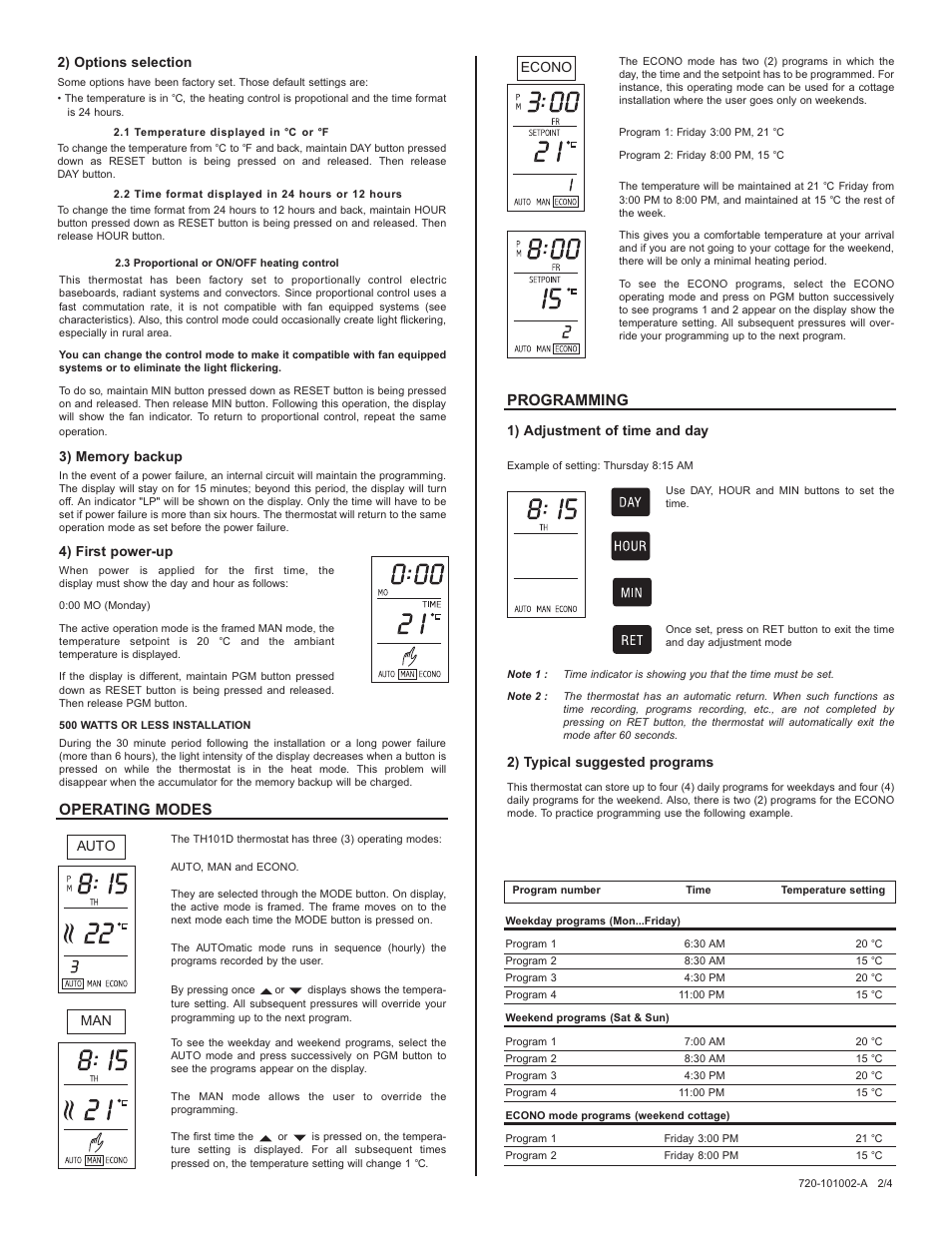 Operating modes, Programming, 4) first power-up | 1) adjustment of time and day, 2) typical suggested programs, Auto econo man, 2) options selection | Aube Technologies TH101D User Manual | Page 2 / 4