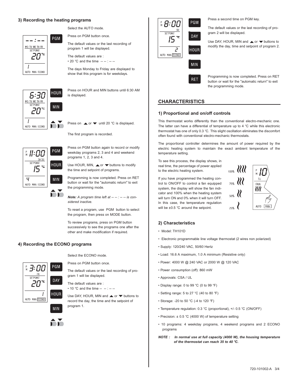 Characteristics, 3) recording the heating programs, 4) recording the econo programs | 1) proportional and on/off controls, 2) characteristics | Aube Technologies TH101D User Manual | Page 3 / 4