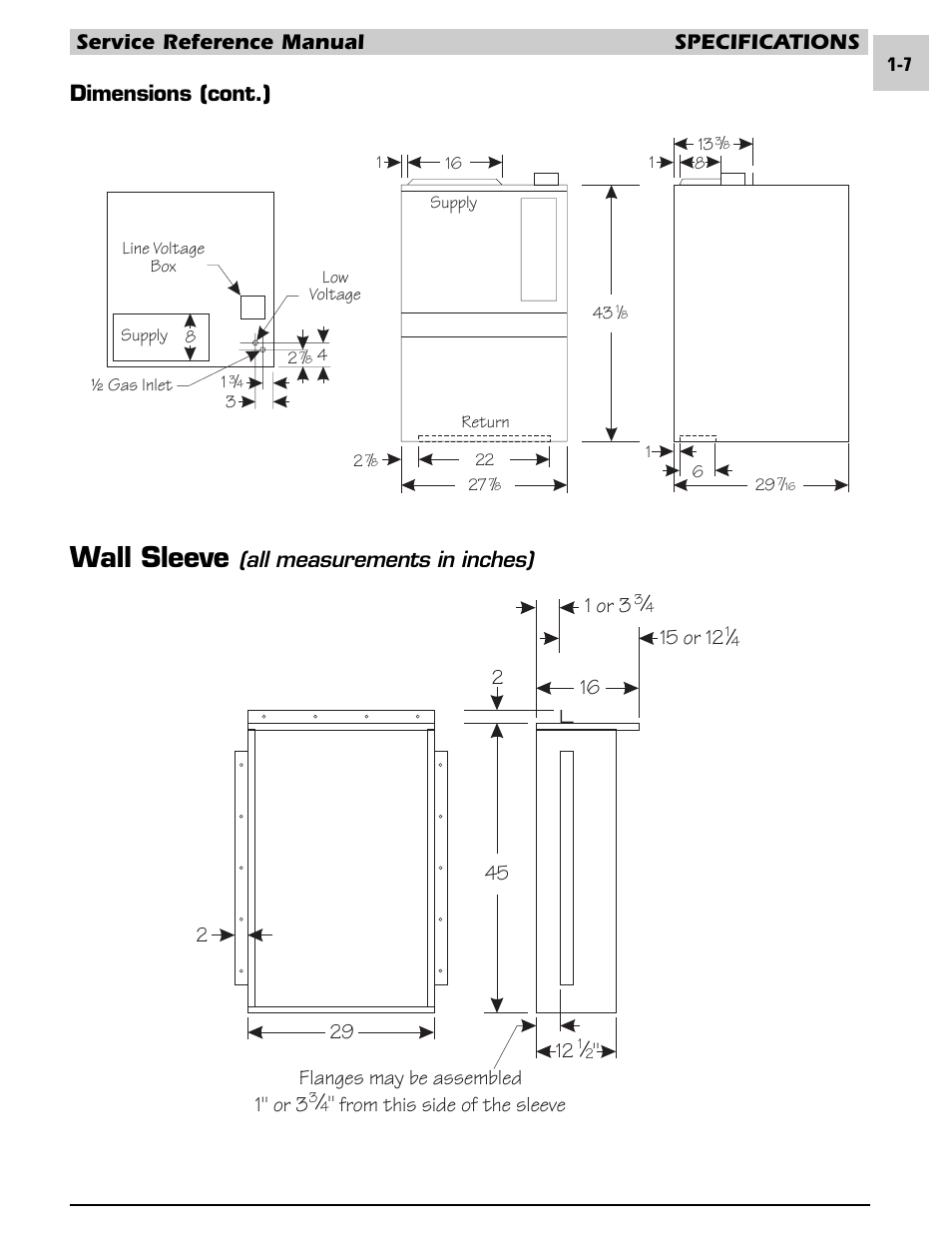Wall sleeve, Service reference manual specifications, All measurements in inches) | 15 or 12 | Armstrong World Industries HWC PREMIER 183 User Manual | Page 10 / 196