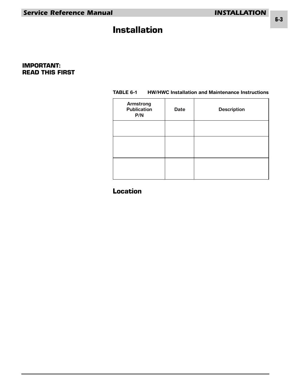 Installation, Service reference manual installation, Location | Armstrong World Industries HWC PREMIER 183 User Manual | Page 110 / 196