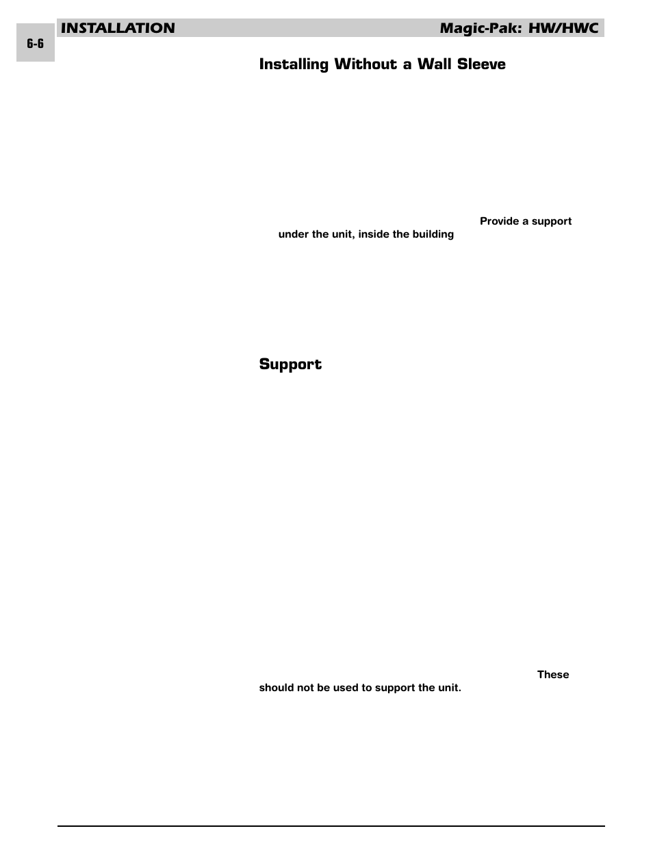 Installation magic-pak: hw/hwc, Installing without a wall sleeve, Support | Armstrong World Industries HWC PREMIER 183 User Manual | Page 113 / 196