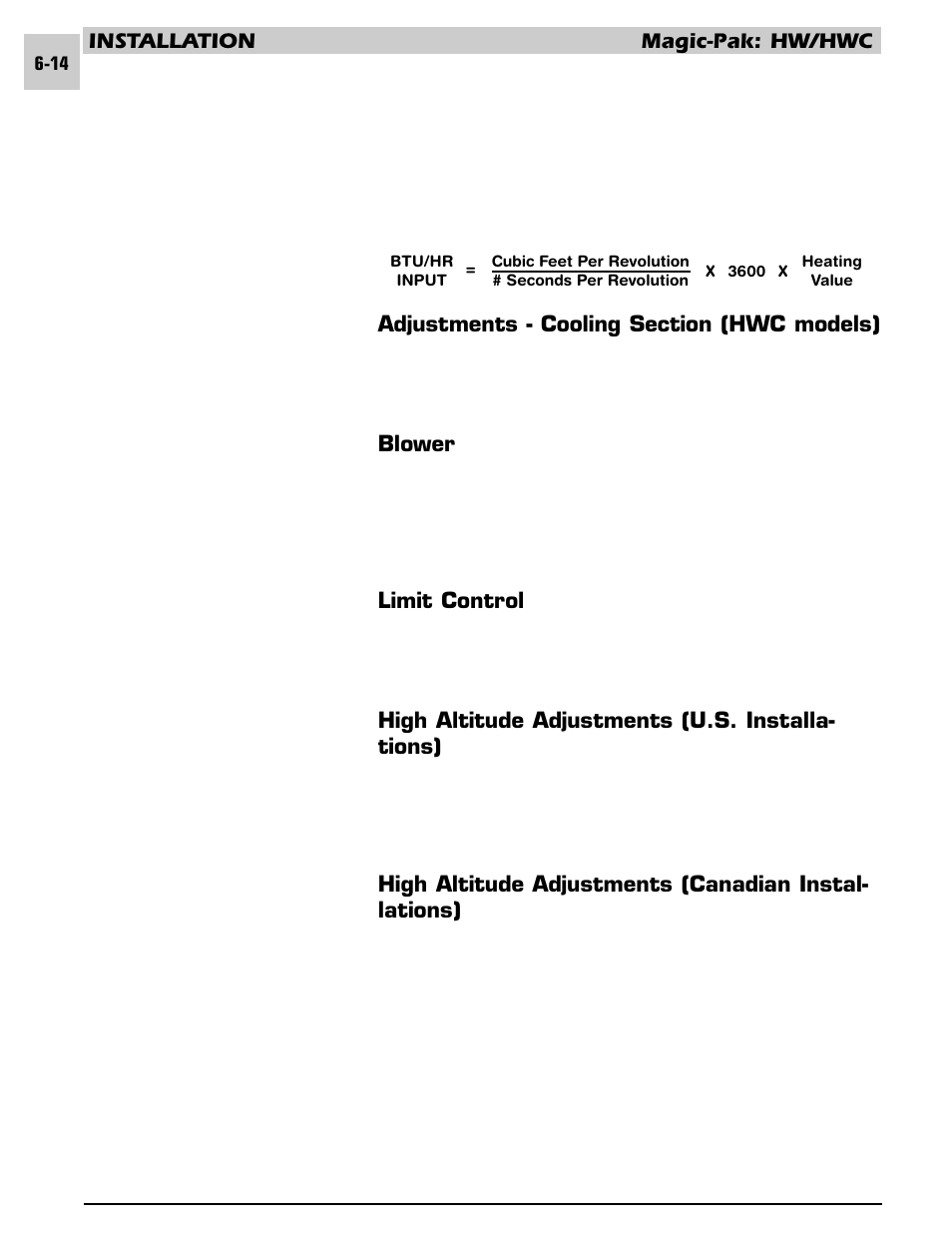 Installation magic-pak: hw/hwc, Blower, Limit control | High altitude adjustments (u.s. installa- tions) | Armstrong World Industries HWC PREMIER 183 User Manual | Page 121 / 196