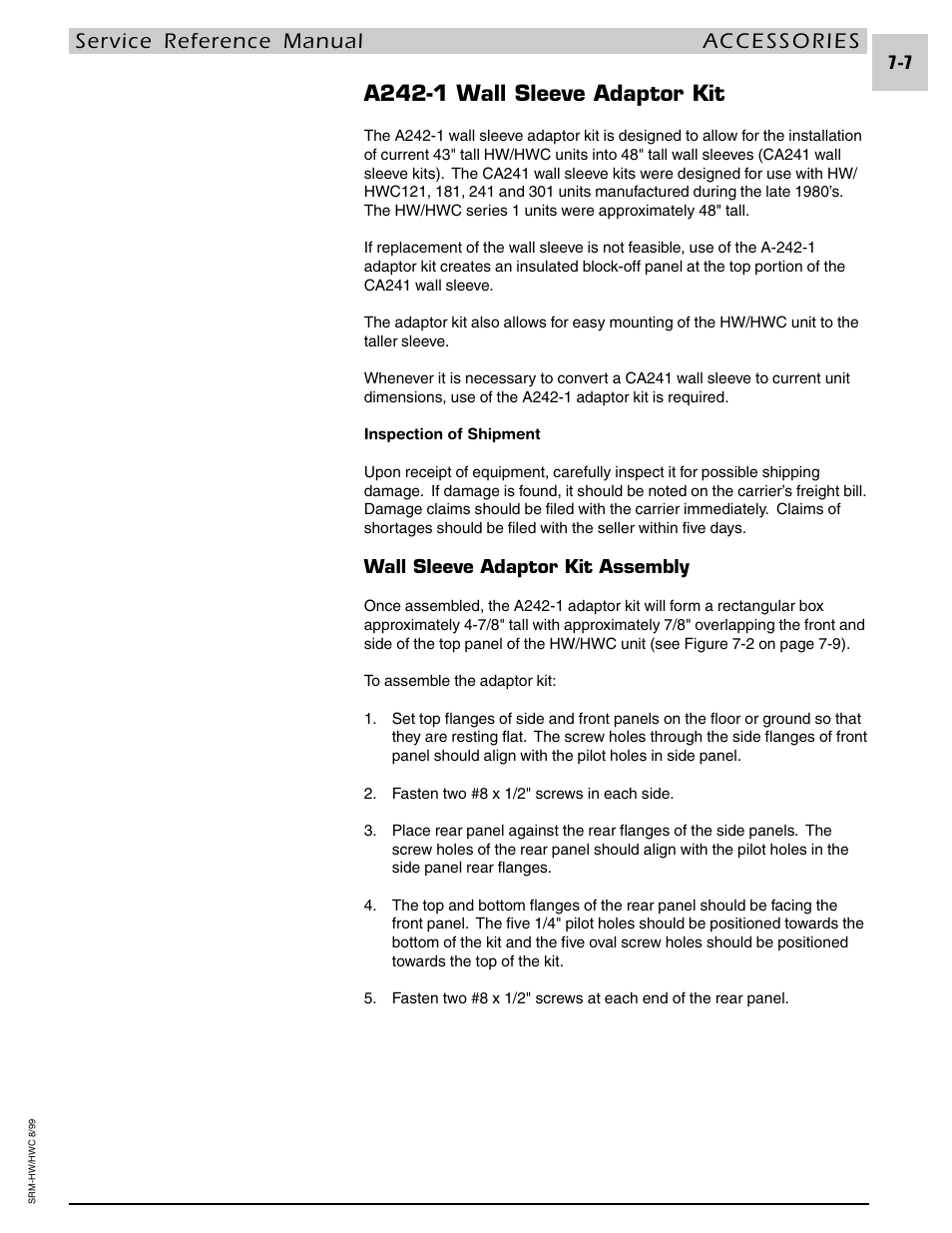 A242-1 wall sleeve adaptor kit | Armstrong World Industries HWC PREMIER 183 User Manual | Page 129 / 196