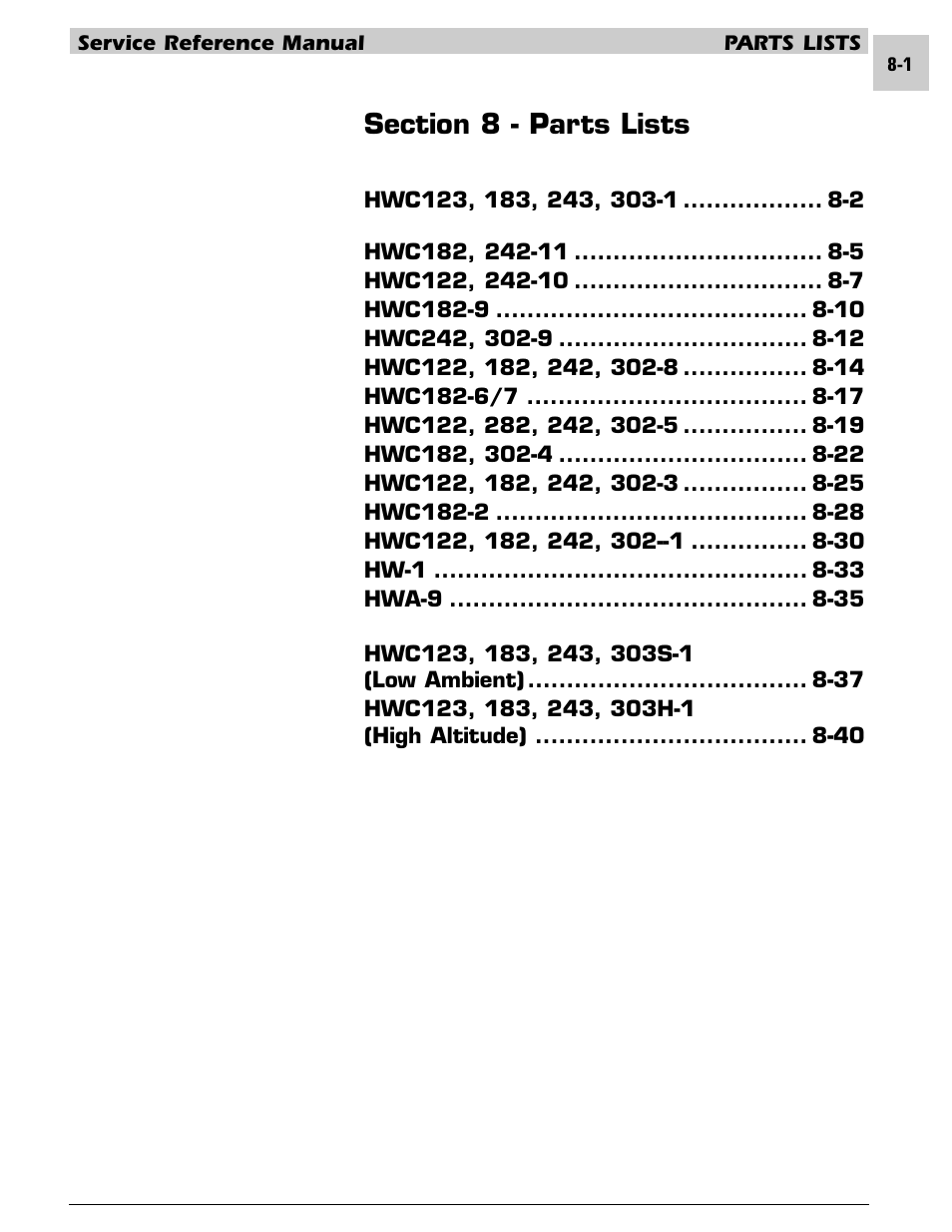 Section 8 - parts lists | Armstrong World Industries HWC PREMIER 183 User Manual | Page 144 / 196