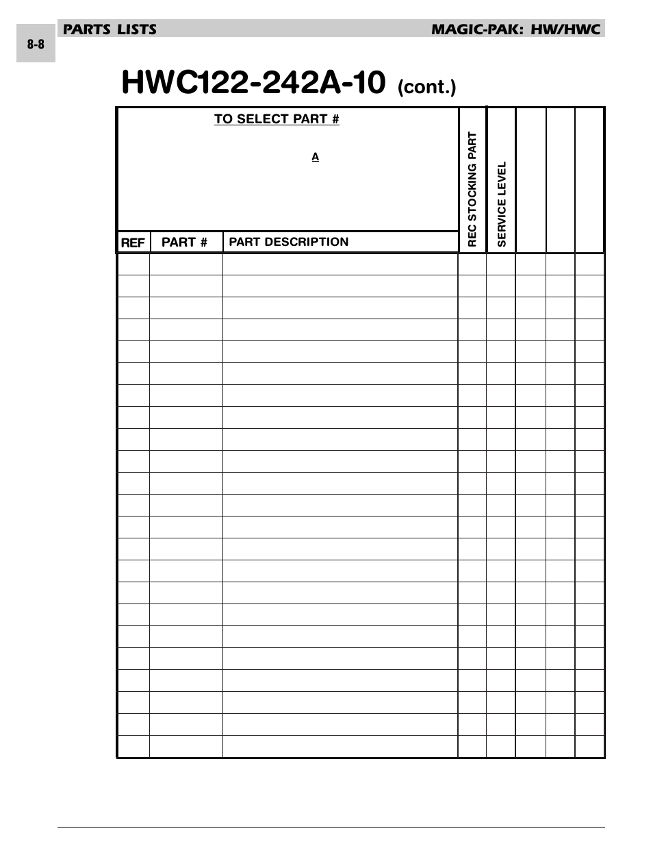Cont.), Parts lists magic-pak: hw/hwc | Armstrong World Industries HWC PREMIER 183 User Manual | Page 151 / 196