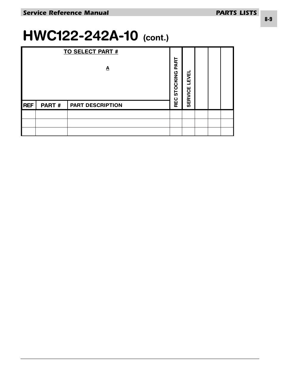 Cont.), Service reference manual parts lists, Ref part | Armstrong World Industries HWC PREMIER 183 User Manual | Page 152 / 196