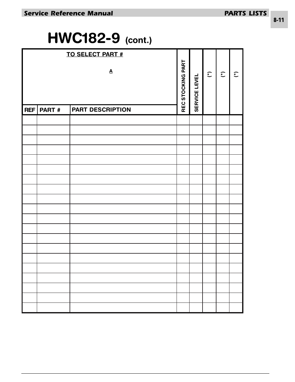Hwc182-9, Cont.), Service reference manual parts lists | Armstrong World Industries HWC PREMIER 183 User Manual | Page 154 / 196