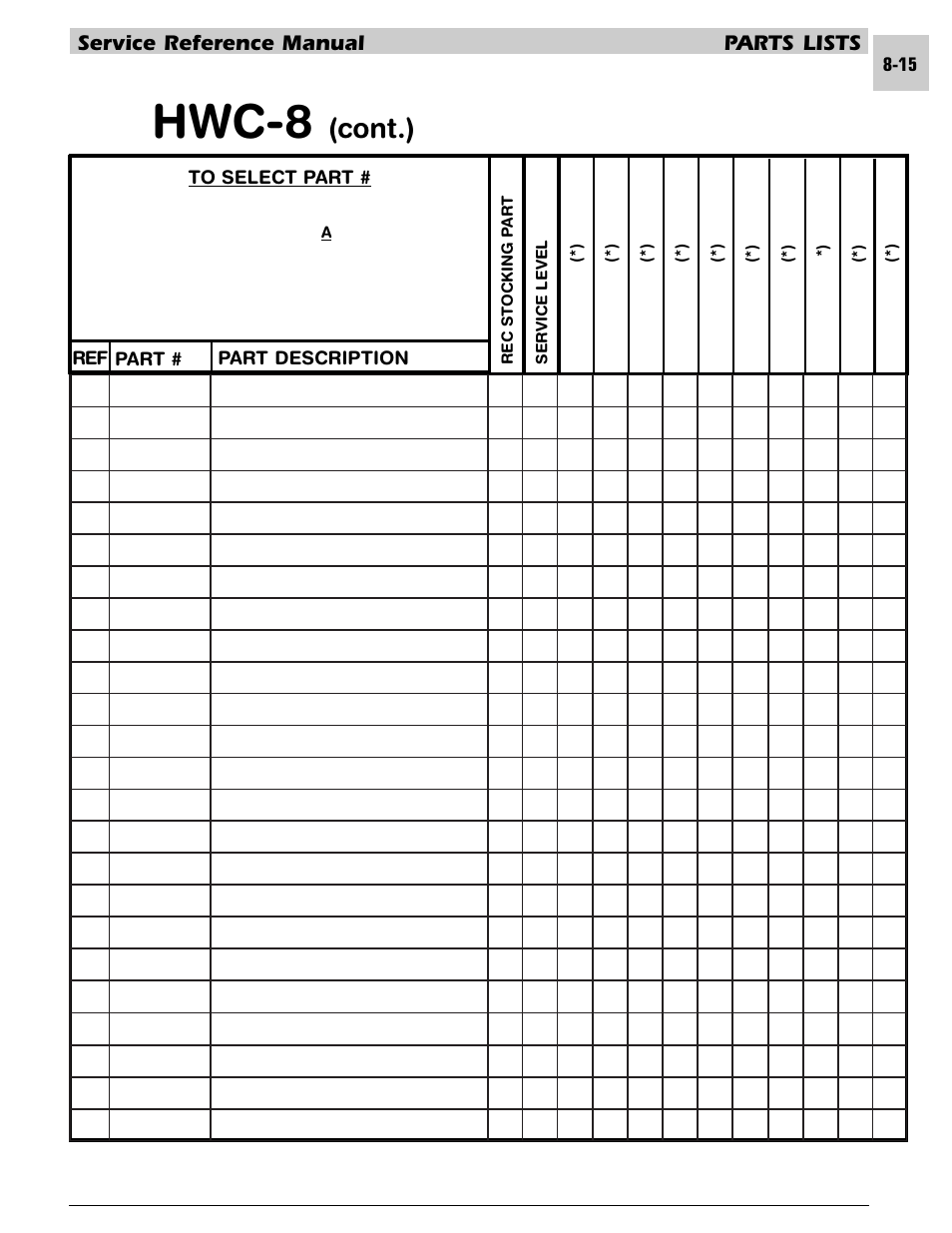 Hwc-8, Cont.), Service reference manual parts lists | Armstrong World Industries HWC PREMIER 183 User Manual | Page 158 / 196