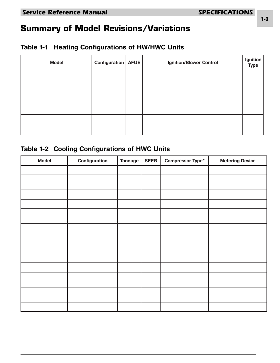 Summary of model revisions/variations, Service reference manual specifications | Armstrong World Industries HWC PREMIER 183 User Manual | Page 6 / 196