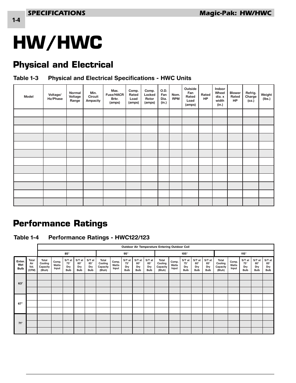 Hw/hwc, Physical and electrical, Performance ratings | Specifications magic-pak: hw/hwc | Armstrong World Industries HWC PREMIER 183 User Manual | Page 7 / 196