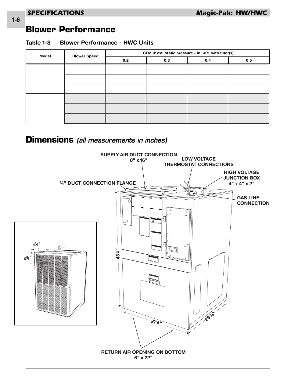 Dimensions, Blower performance, Specifications magic-pak: hw/hwc | All measurements in inches), Table 1-8 blower performance - hwc units | Armstrong World Industries HWC PREMIER 183 User Manual | Page 9 / 196