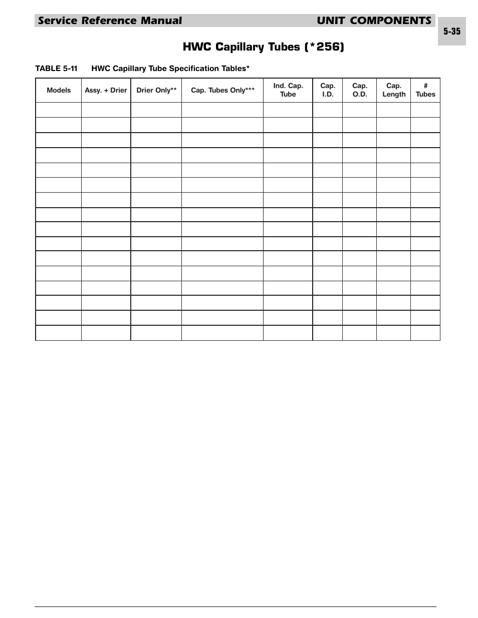 Service reference manual unit components, Hwc capillary tubes (*256) | Armstrong World Industries HWC PREMIER 183 User Manual | Page 98 / 196