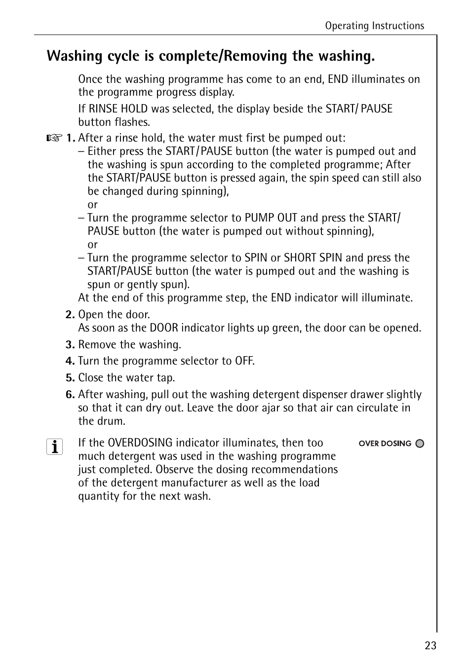 Washing cycle is complete/removing the washing | AEG KO-LAVAMAT 74335 User Manual | Page 23 / 52