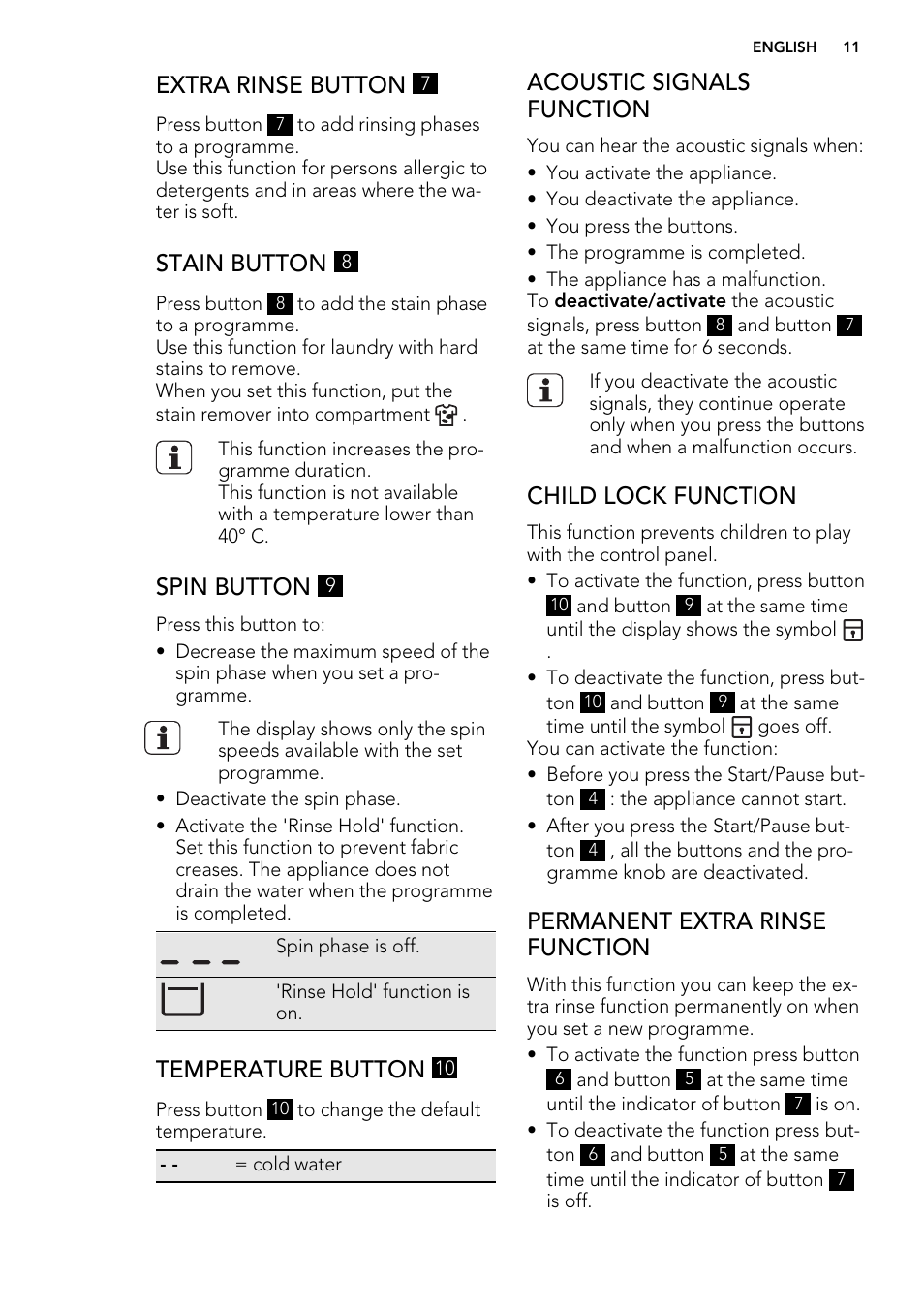 Extra rinse button, Stain button, Spin button | Temperature button, Acoustic signals function, Child lock function, Permanent extra rinse function | AEG L 75670 FL User Manual | Page 11 / 36