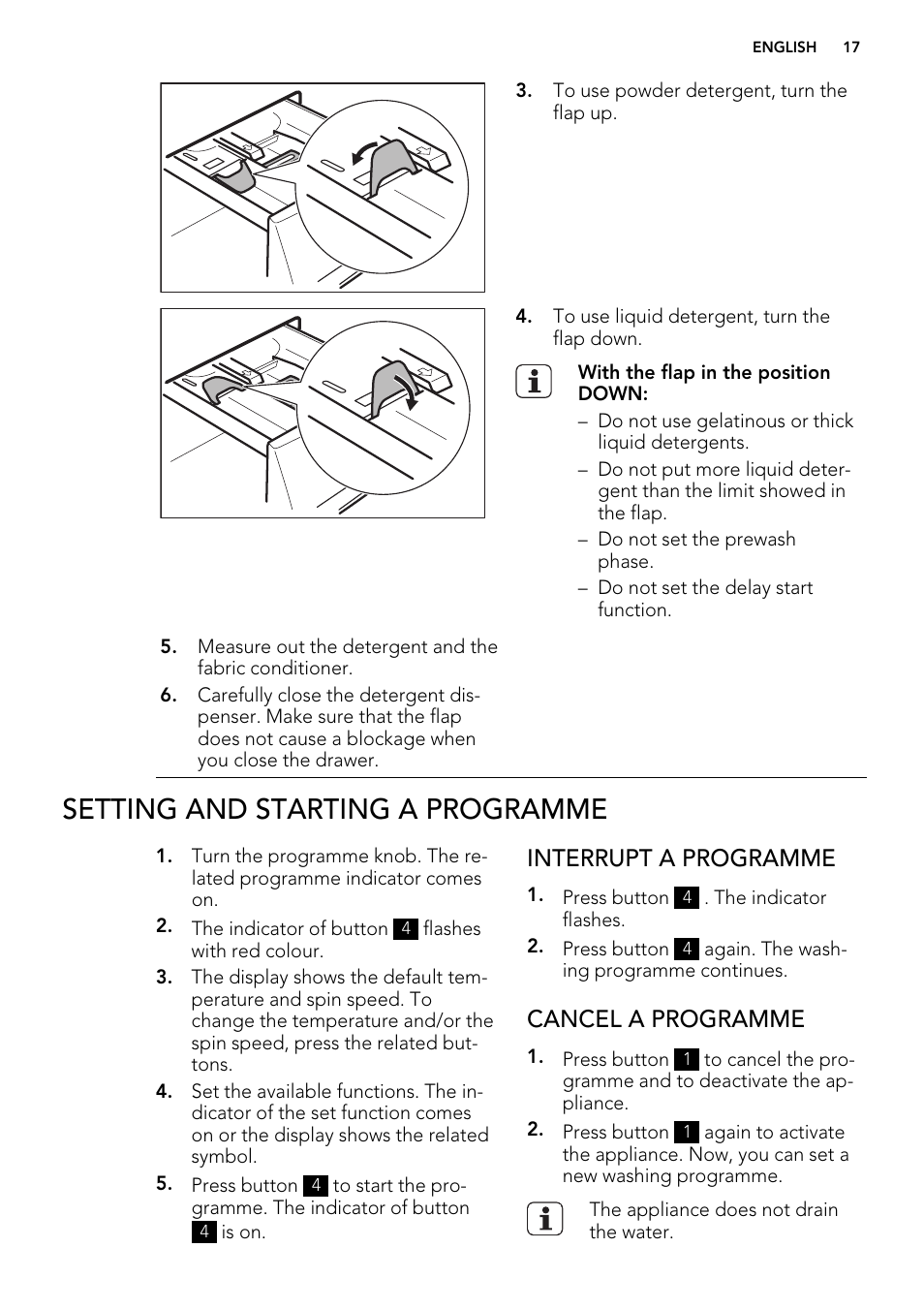 Setting and starting a programme, Interrupt a programme, Cancel a programme | AEG L 75670 FL User Manual | Page 17 / 36