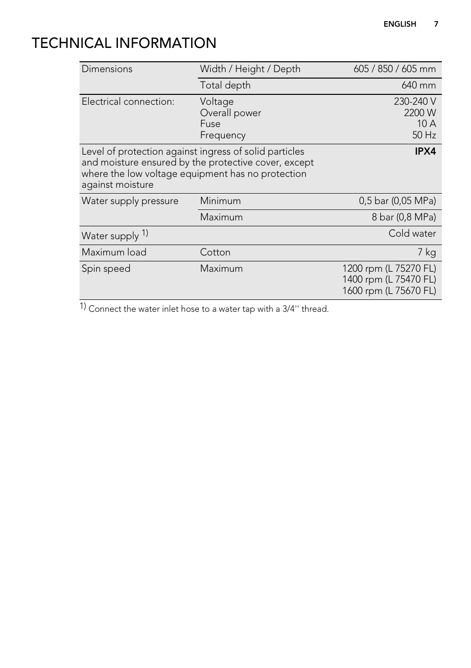 Technical information | AEG L 75670 FL User Manual | Page 7 / 36