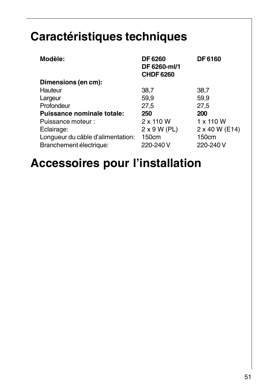 Caractéristiques techniques, Accessoires pour l’installation | AEG COOKER HOOD DF6260-ML/1 User Manual | Page 51 / 80
