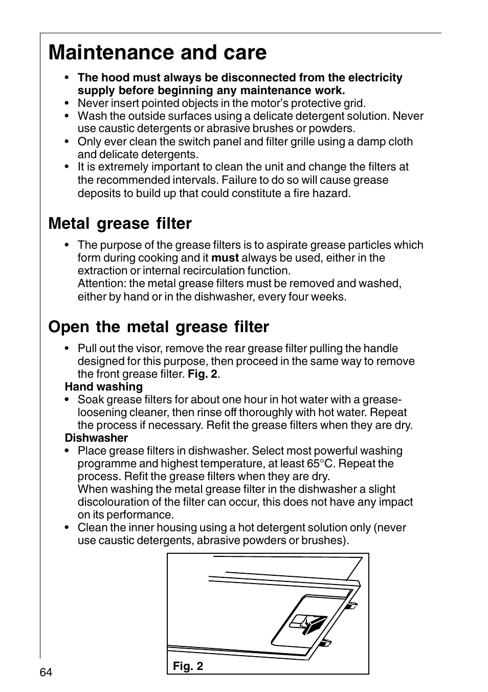 Maintenance and care, Metal grease filter, Open the metal grease filter | AEG COOKER HOOD DF6260-ML/1 User Manual | Page 64 / 80