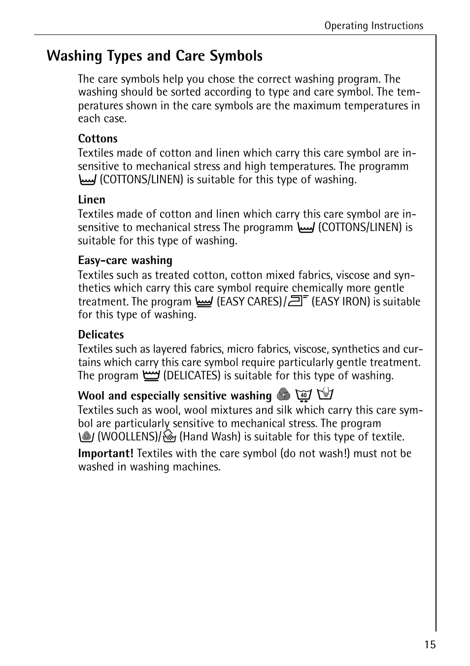 Washing types and care symbols | AEG KO-LAVAMAT 72640 User Manual | Page 15 / 56