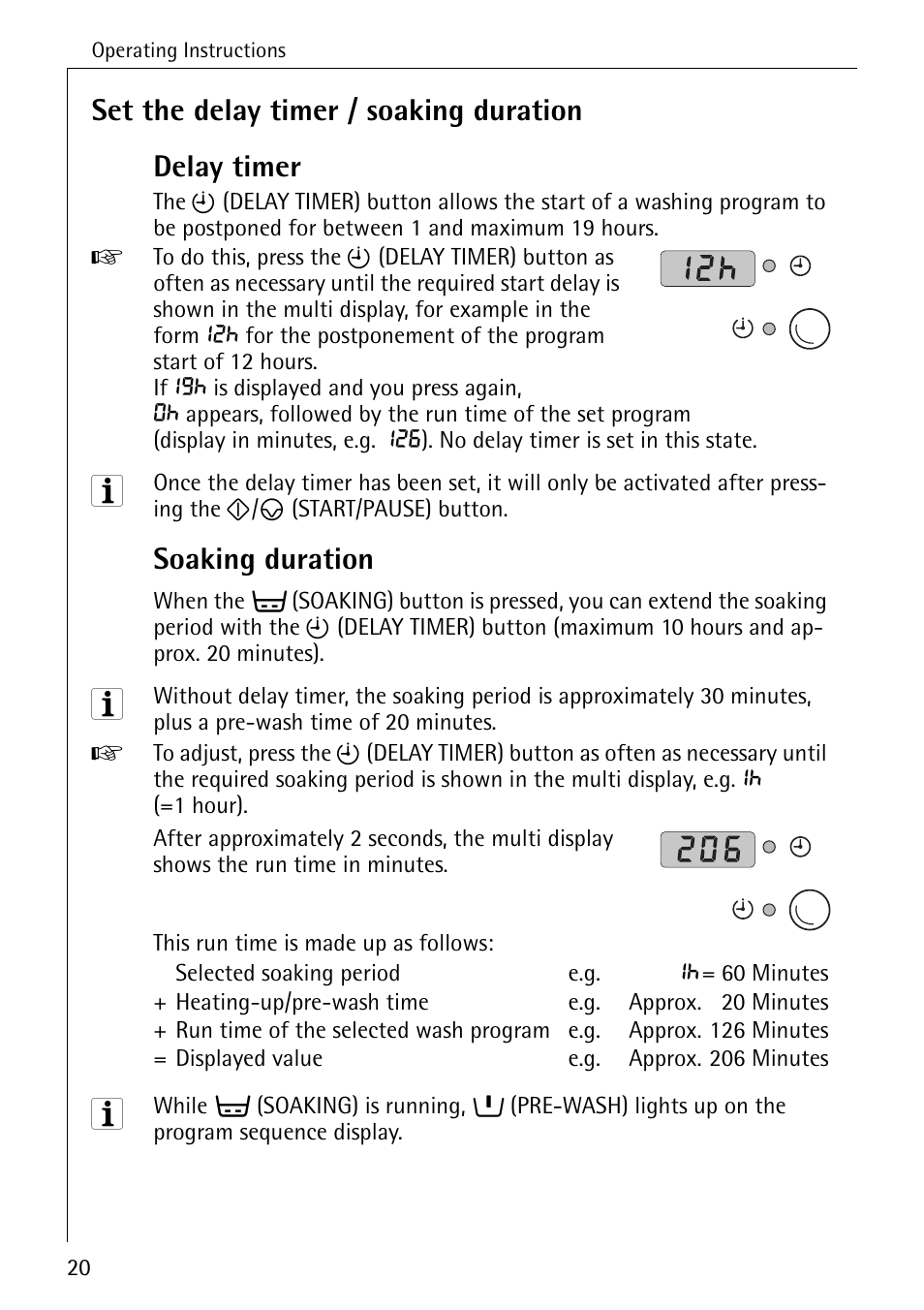 Set the delay timer / soaking duration delay timer, Soaking duration | AEG KO-LAVAMAT 72640 User Manual | Page 20 / 56