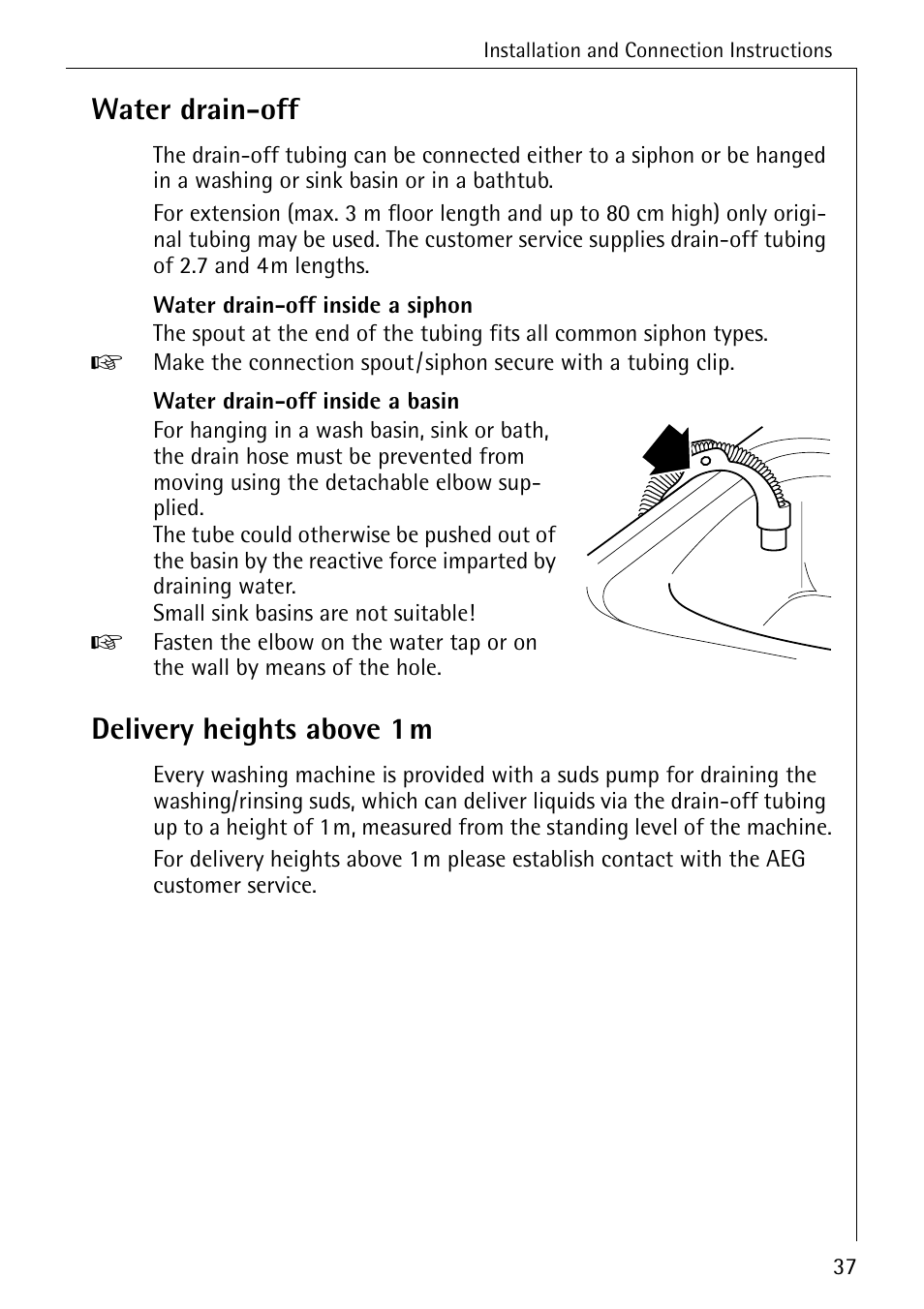Water drain-off, Delivery heights above 1m | AEG LAVAMAT W 1020 User Manual | Page 37 / 44