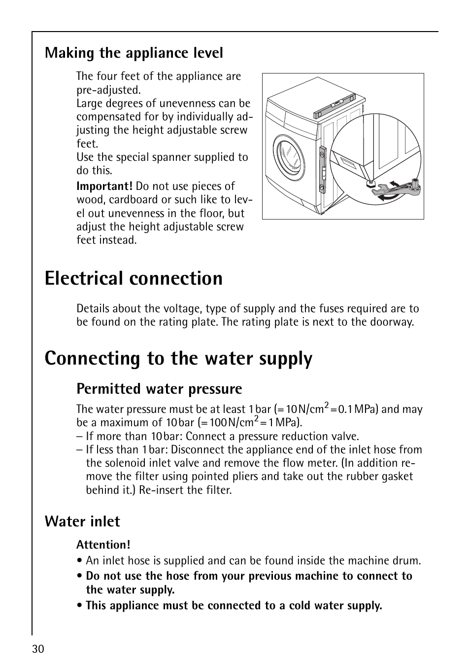 Electrical connection, Connecting to the water supply, Making the appliance level | Permitted water pressure, Water inlet | AEG LAVAMAT 50212 User Manual | Page 30 / 36