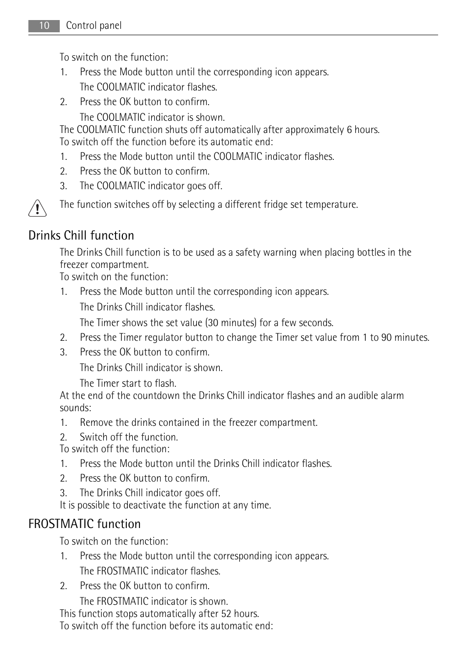 Drinks chill function, Frostmatic function | AEG S94400CTX0 User Manual | Page 10 / 28