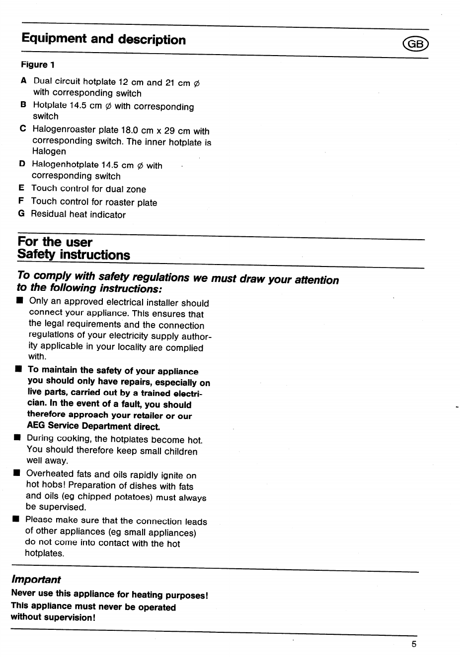 Equipment and description, For the user safety instructions, Important | AEG VITRAMIC 7250 K User Manual | Page 5 / 12