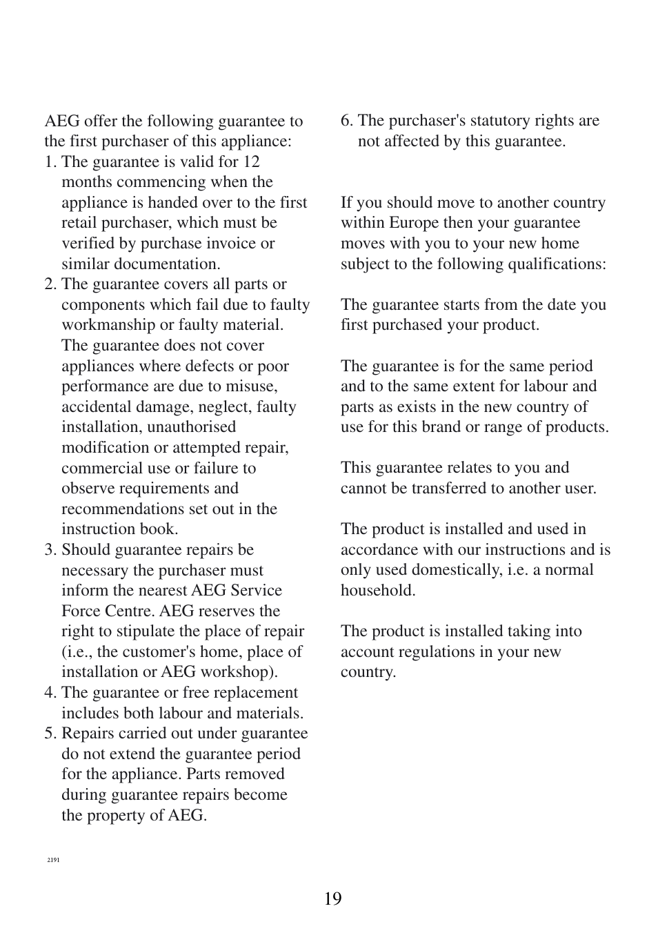 Guarantee conditions | AEG 3531 WK-M GB 949600835 User Manual | Page 19 / 24