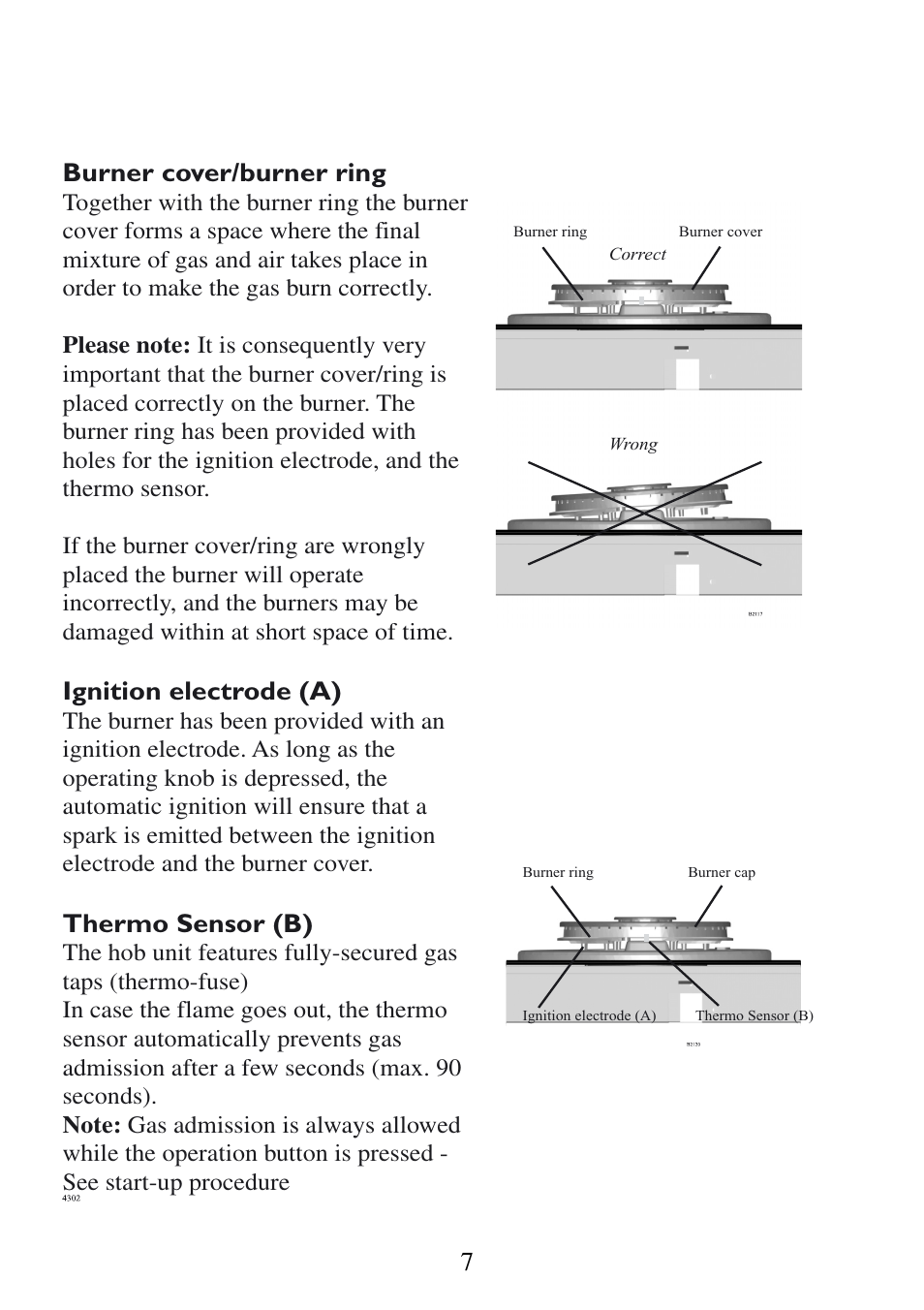7burner cover/burner ring, Ignition electrode (a), Thermo sensor (b) | AEG 3531 WK-M GB 949600835 User Manual | Page 7 / 24