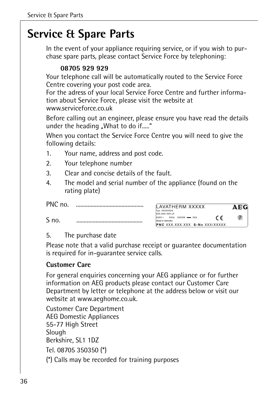 Service & spare parts | AEG LAVATHERM 33600 User Manual | Page 36 / 40