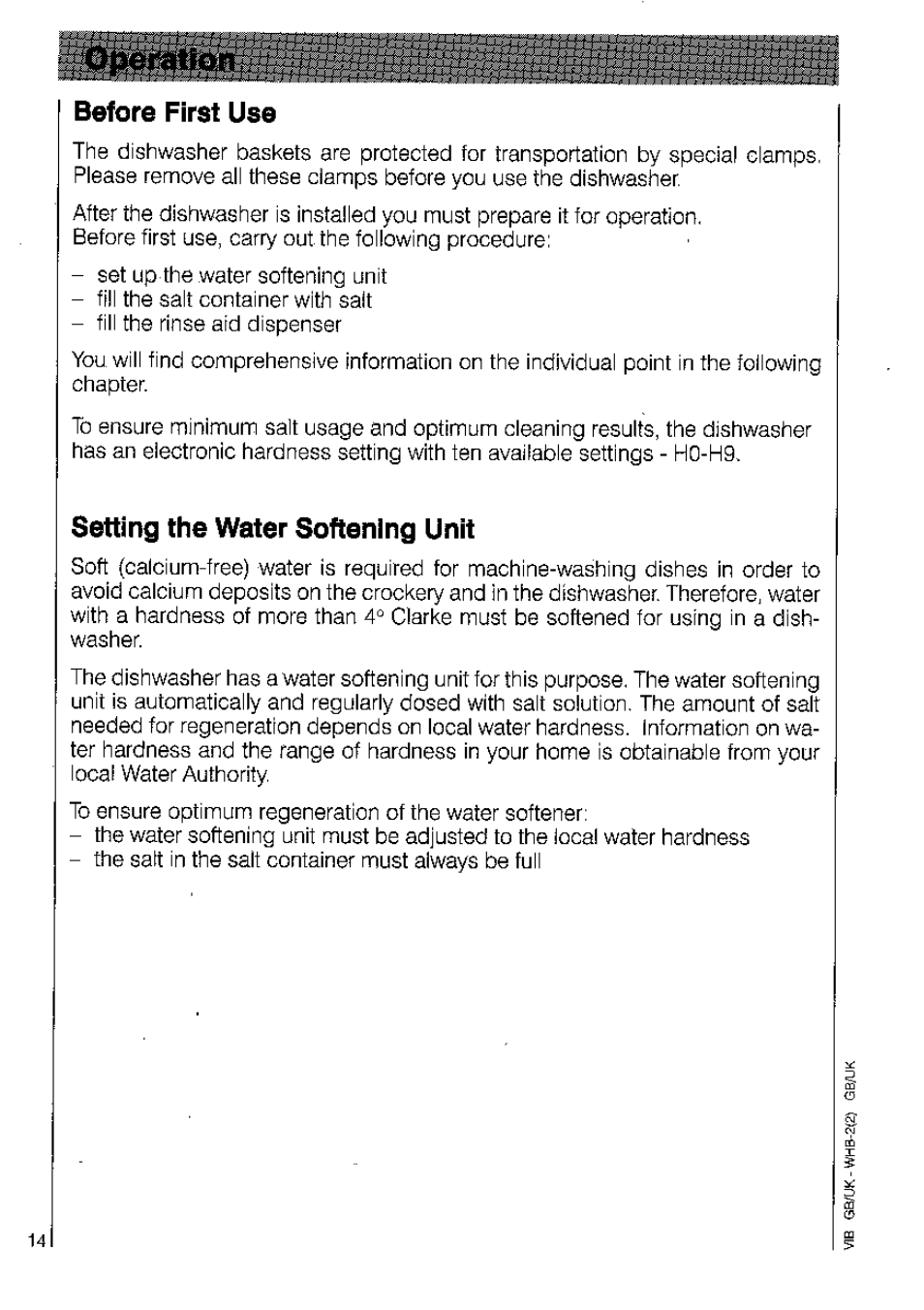 Before first use, Setting the water softening unit | AEG OKO_FAVORIT 3220 User Manual | Page 14 / 42