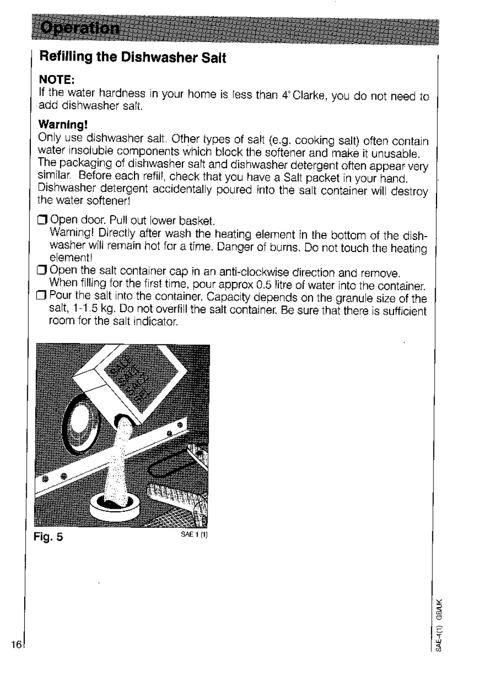 Refilling the dishwasher salt | AEG OKO_FAVORIT 3220 User Manual | Page 16 / 42