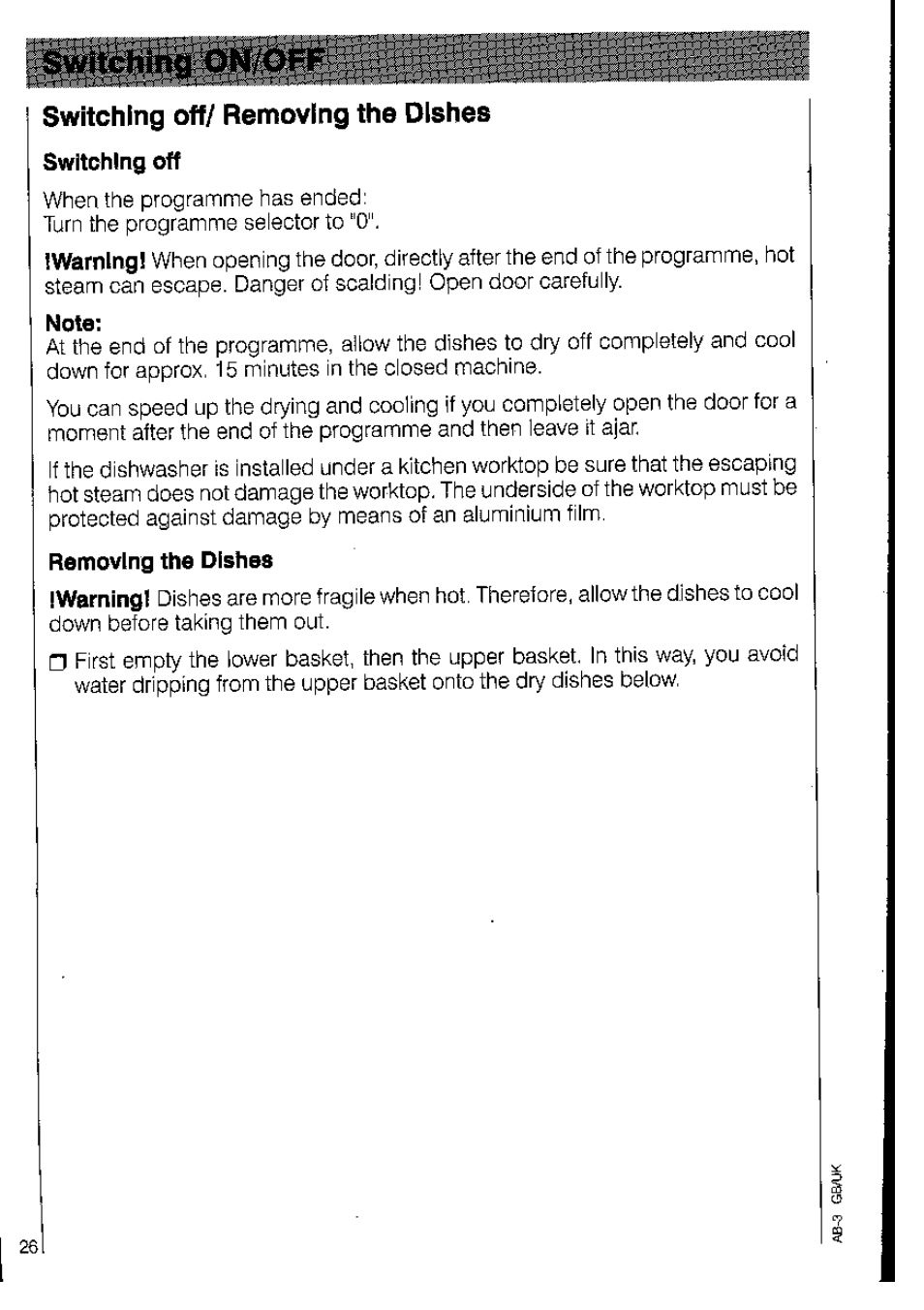 Switching off/ removing the dishes, Note, Removing the dishes | AEG OKO_FAVORIT 3220 User Manual | Page 26 / 42