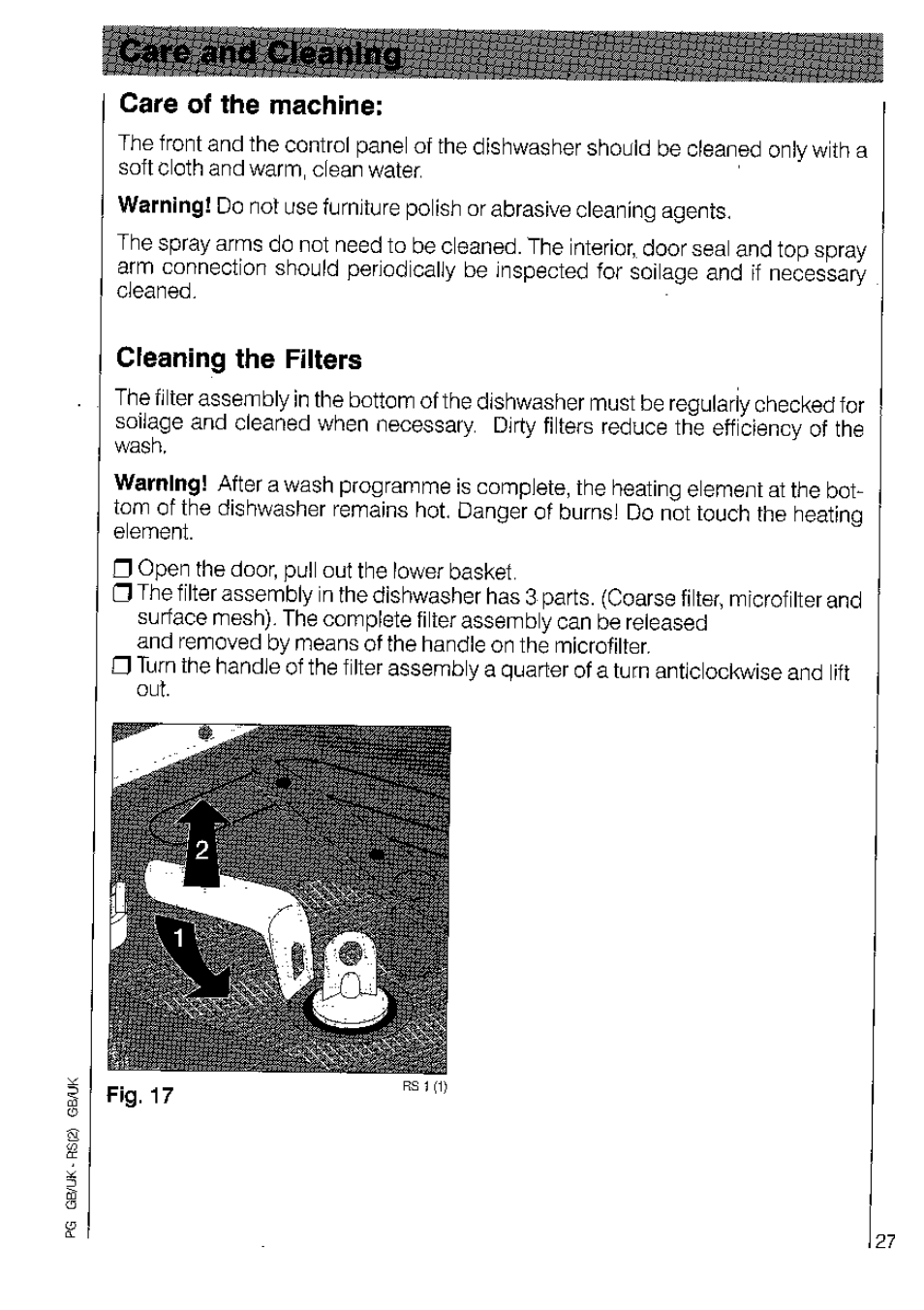 Care of the machíne, Cleaning the filters | AEG OKO_FAVORIT 3220 User Manual | Page 27 / 42