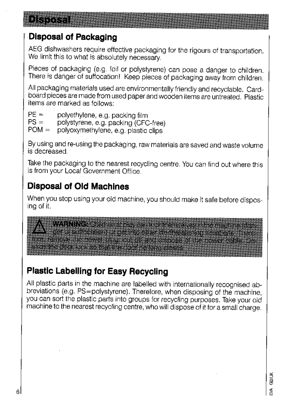 Disposal of packaging, Disposal of old machines, Plastic labelling for easy recycling | AEG OKO_FAVORIT 3220 User Manual | Page 6 / 42