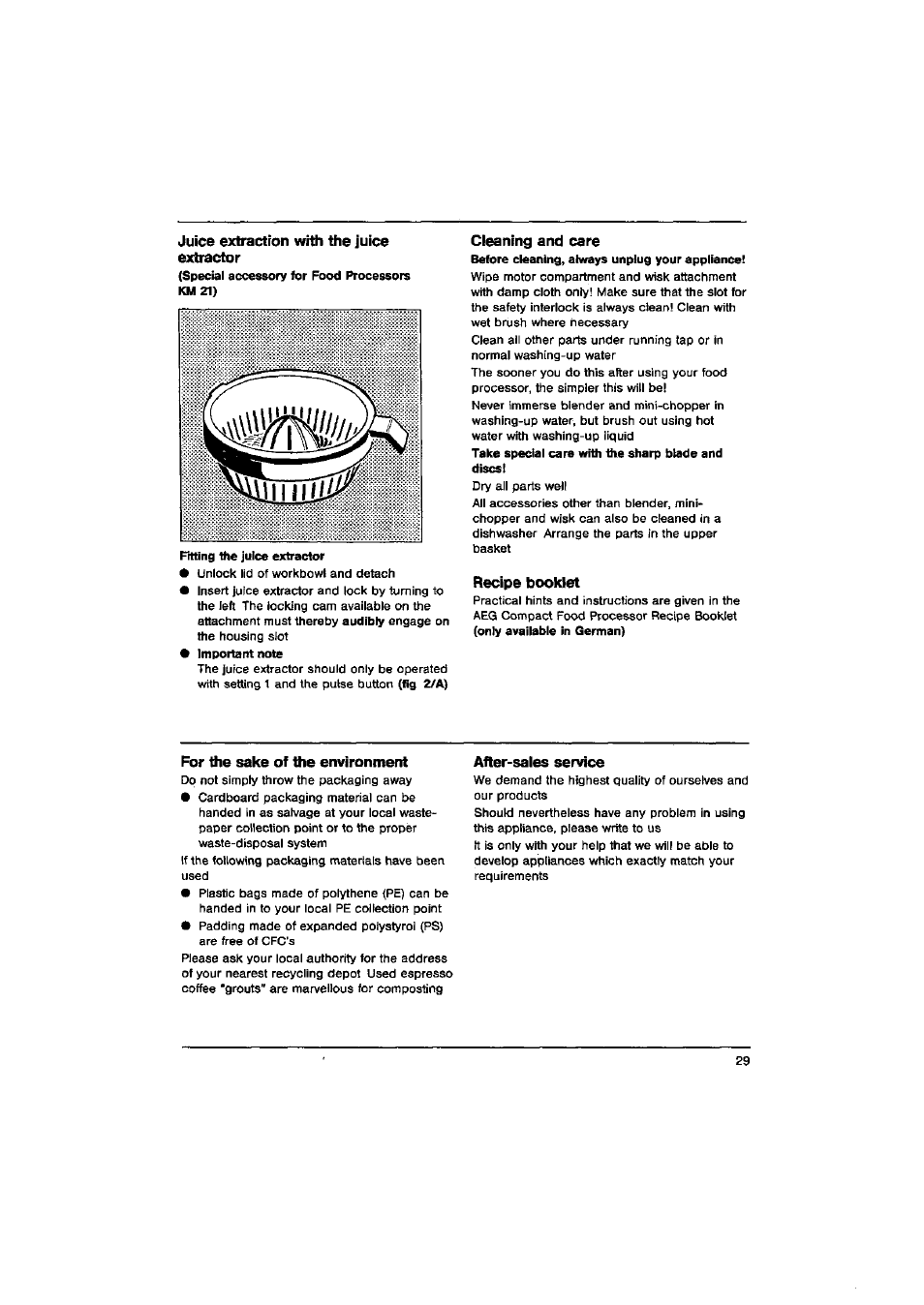 Juice extraction with the juice extractor, Cleaning and care, Recipe booklet | For the sake of the environment, After-sales sennce | AEG FINESSE KM 31 User Manual | Page 17 / 17