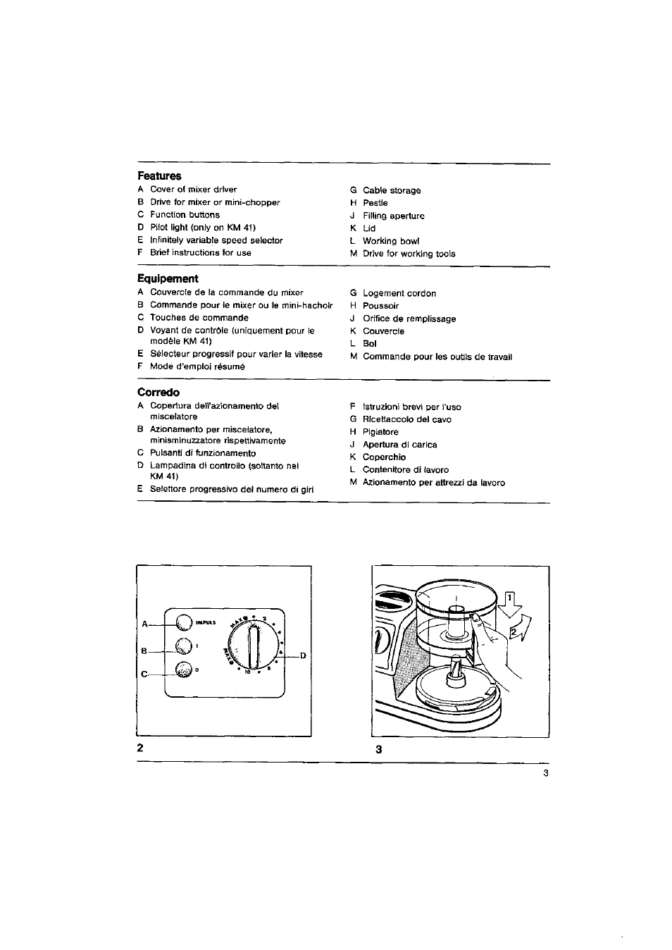 Features, Equipement, Corredo | AEG FINESSE KM 31 User Manual | Page 3 / 17