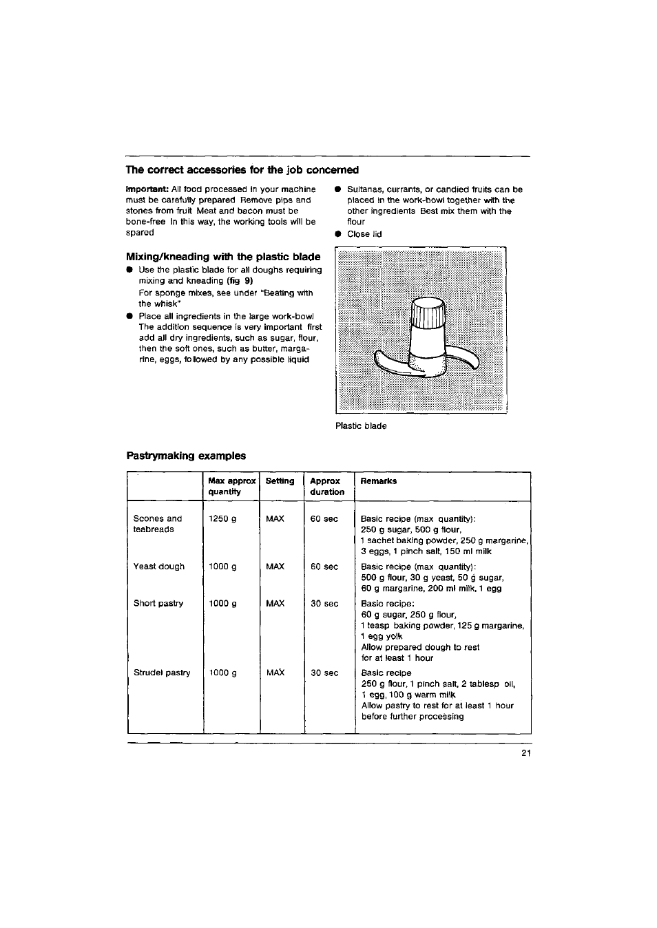 Ttie correct accessories for the job concerned, Mixing/kneading with the plastic blade, Pastr^aking examples | AEG FINESSE KM 31 User Manual | Page 9 / 17