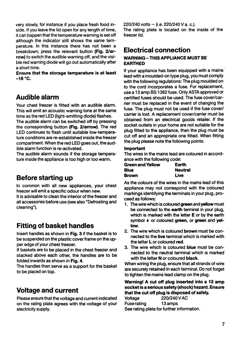 Audible alarm, Before starting up, Fitting of basket handles | Voltage and current, Electrical connection | AEG OKO_ARCTIS 2682 GT User Manual | Page 7 / 12