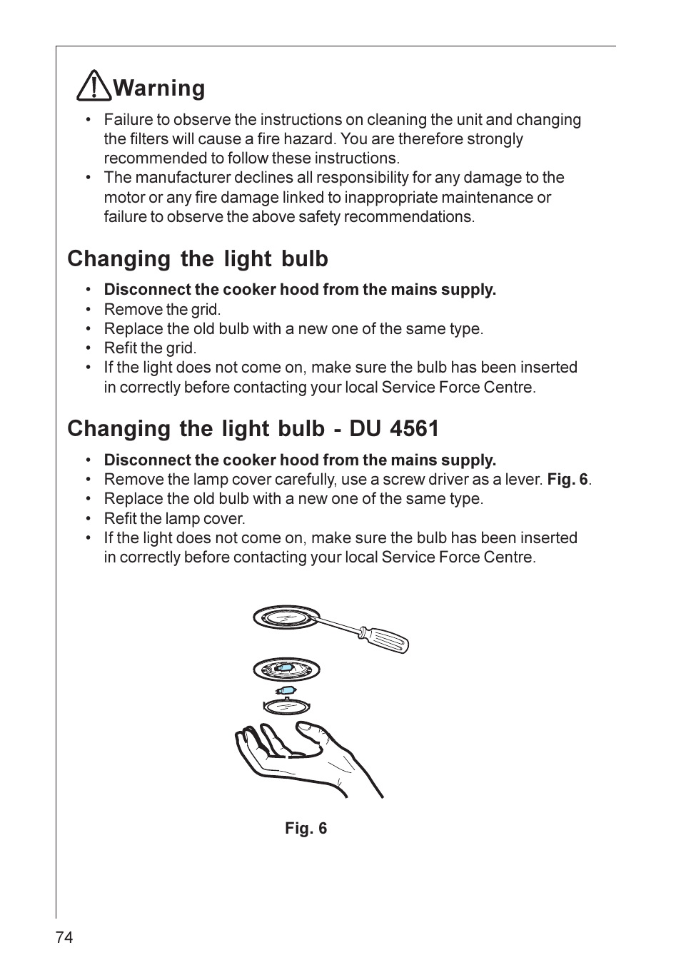 Warning, Changing the light bulb, Changing the light bulb - du 4561 | AEG DU 4561 User Manual | Page 15 / 25
