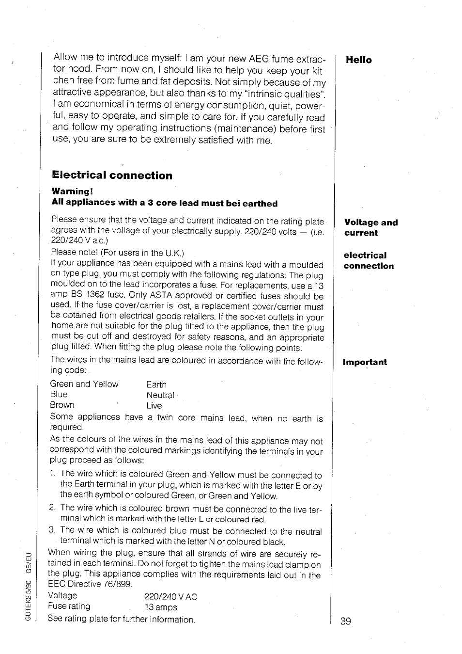 Eiectrical connection, Electrical connection values | AEG 860 D User Manual | Page 14 / 24