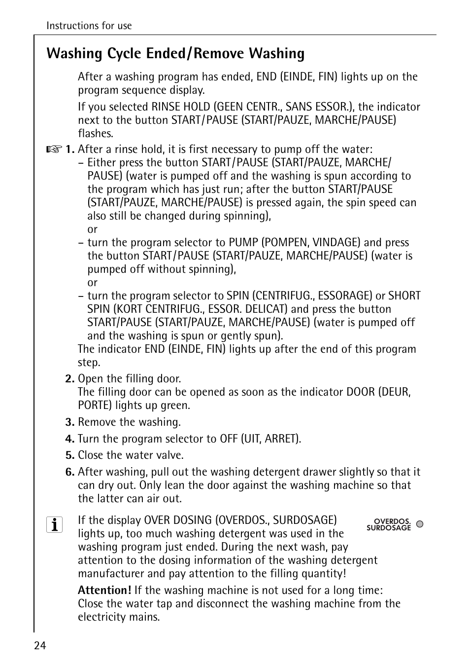Washing cycle ended/remove washing | AEG LAVAMAT 72330 User Manual | Page 24 / 52