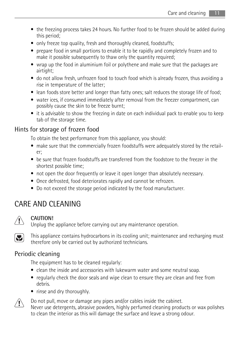 Care and cleaning, Hints for storage of frozen food, Periodic cleaning | AEG AGN71200F0 User Manual | Page 11 / 20