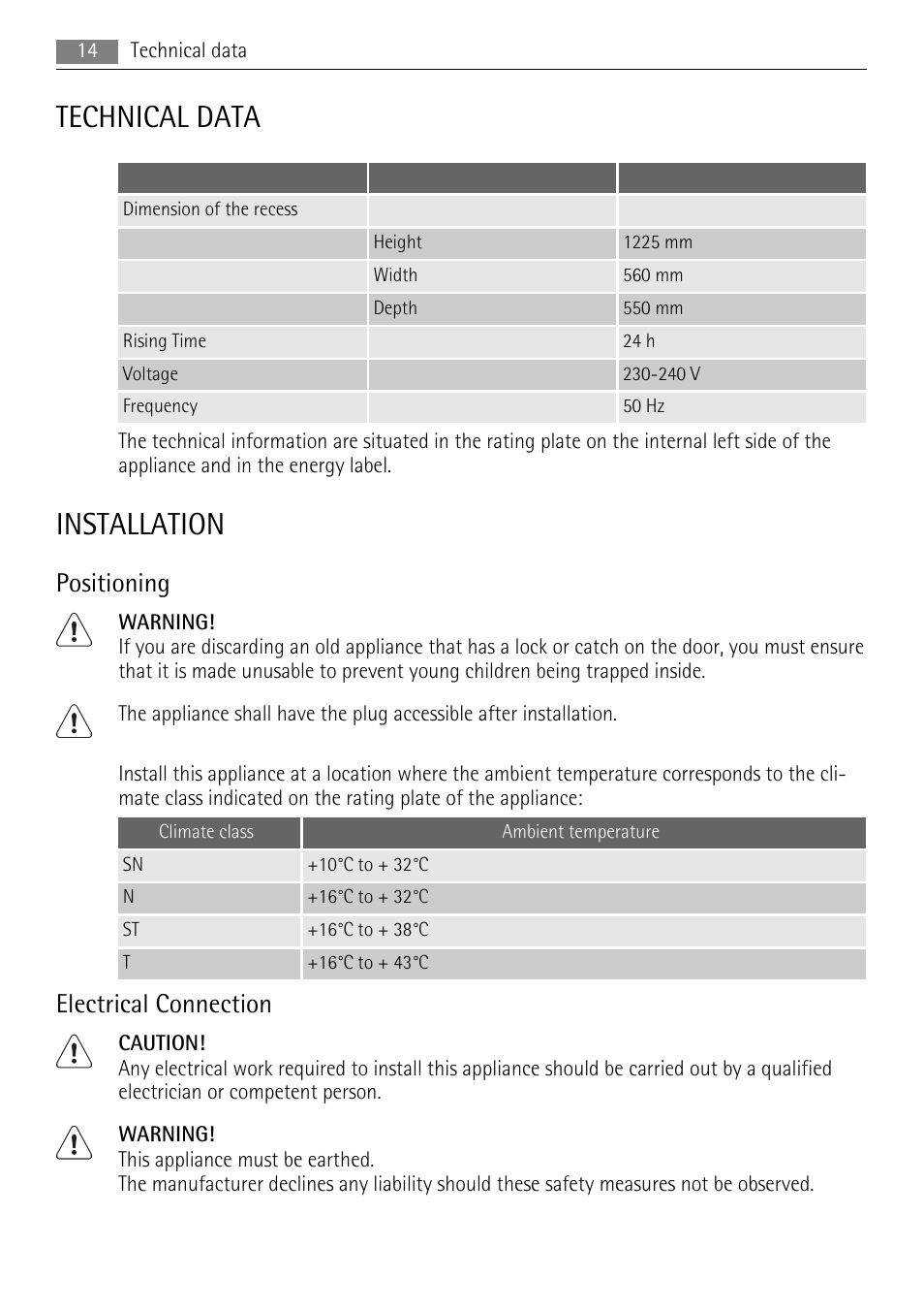 Technical data, Installation, Positioning | Electrical connection | AEG AGN71200F0 User Manual | Page 14 / 20