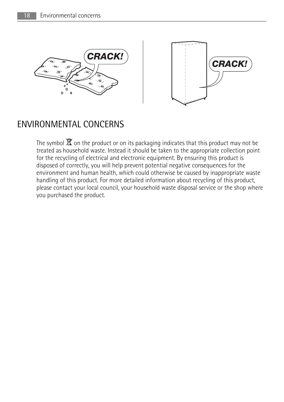 Environmental concerns, Crack | AEG AGN71200F0 User Manual | Page 18 / 20