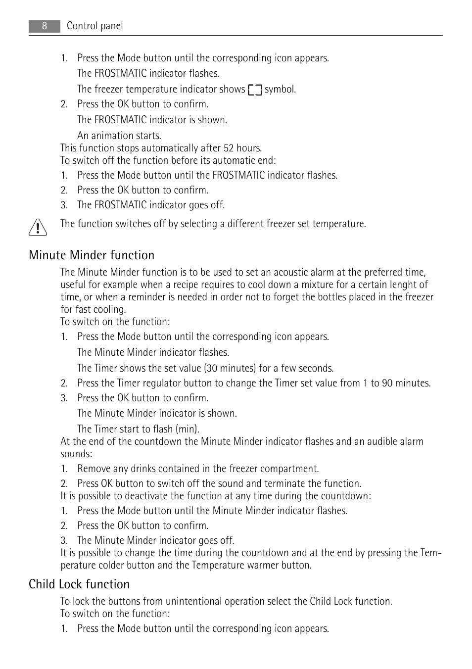 Minute minder function, Child lock function | AEG AGN71200F0 User Manual | Page 8 / 20