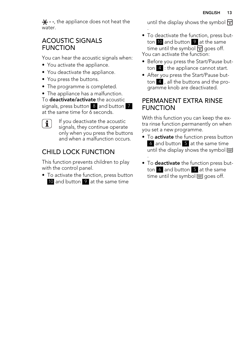 Acoustic signals function, Child lock function, Permanent extra rinse function | AEG L 87680 FL User Manual | Page 13 / 40