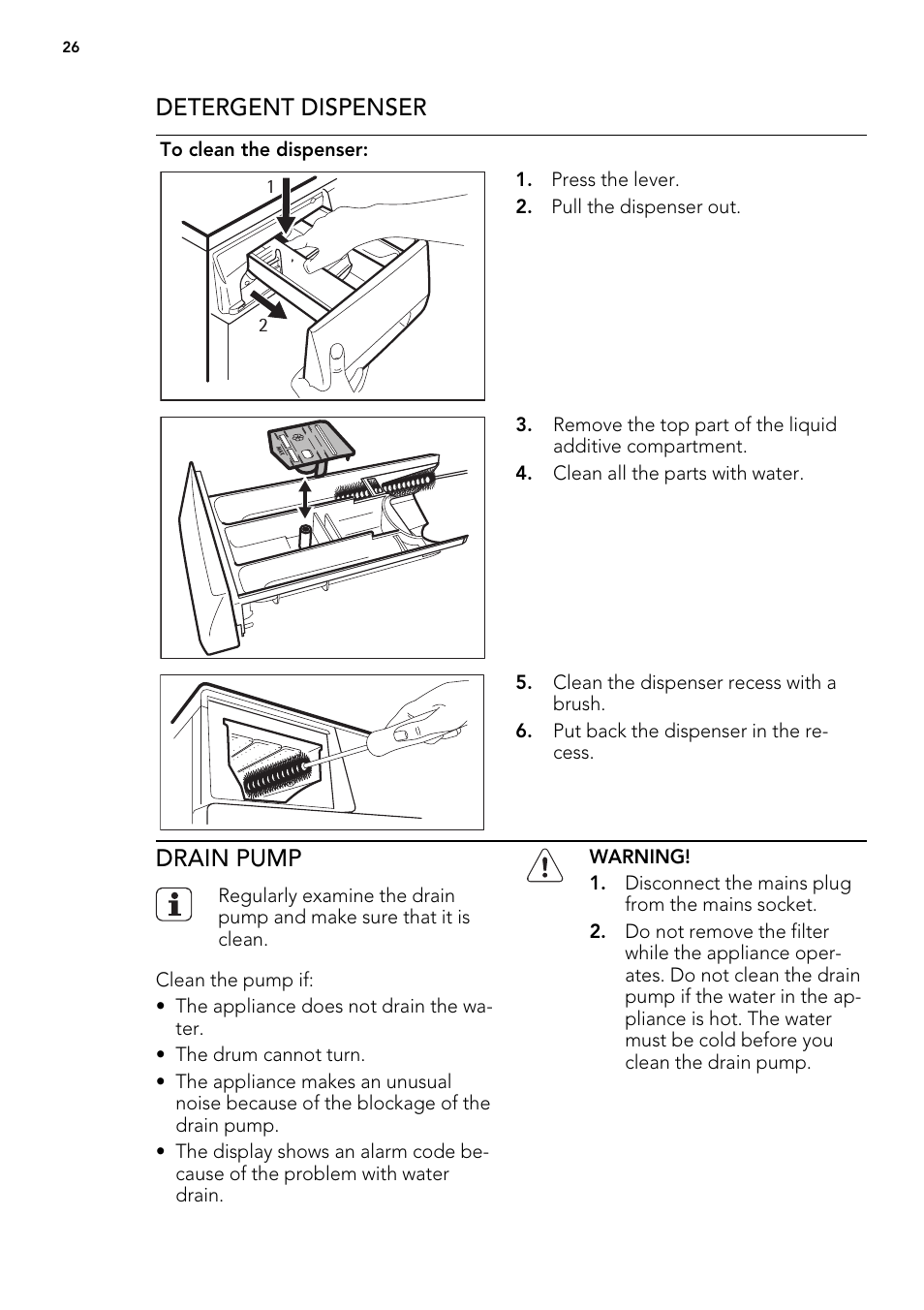 Detergent dispenser, Drain pump | AEG L 87680 FL User Manual | Page 26 / 40